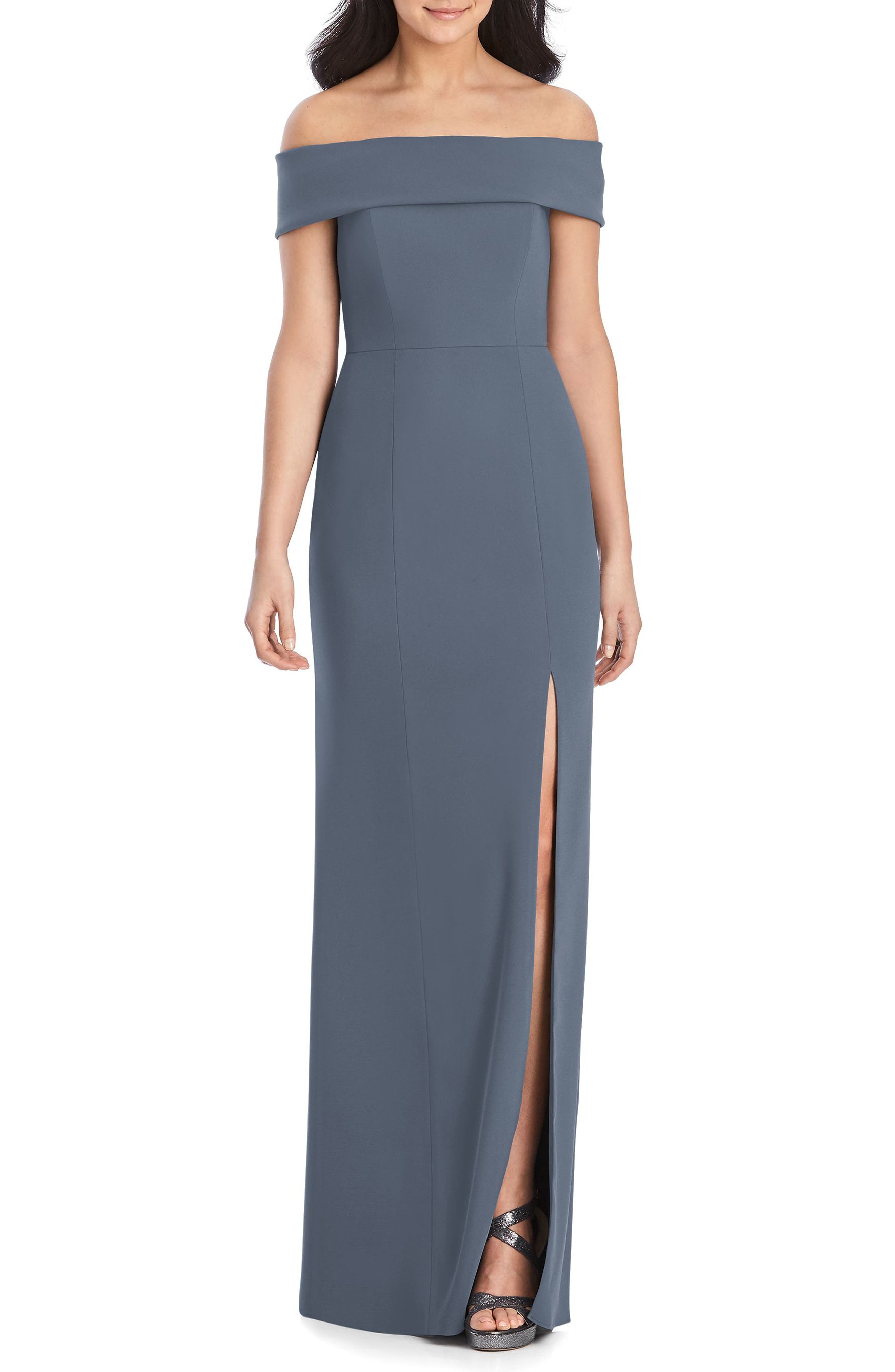 Dessy Collection Off The Shoulder Side Slit Crepe Gown, Grey