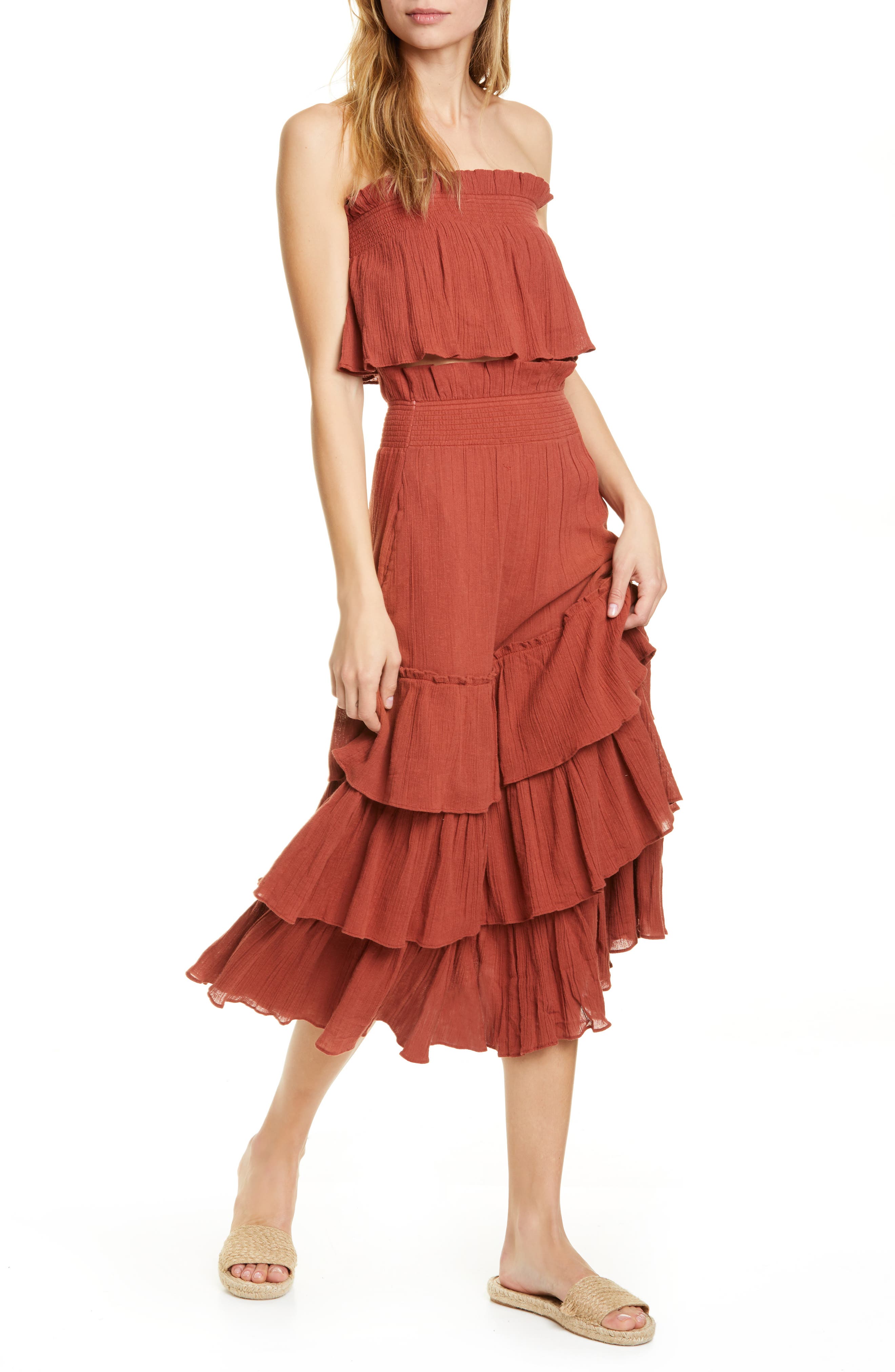 Endless Summer By Free People Sea Breeze Strapless Crop Top & Midi Skirt, Orange