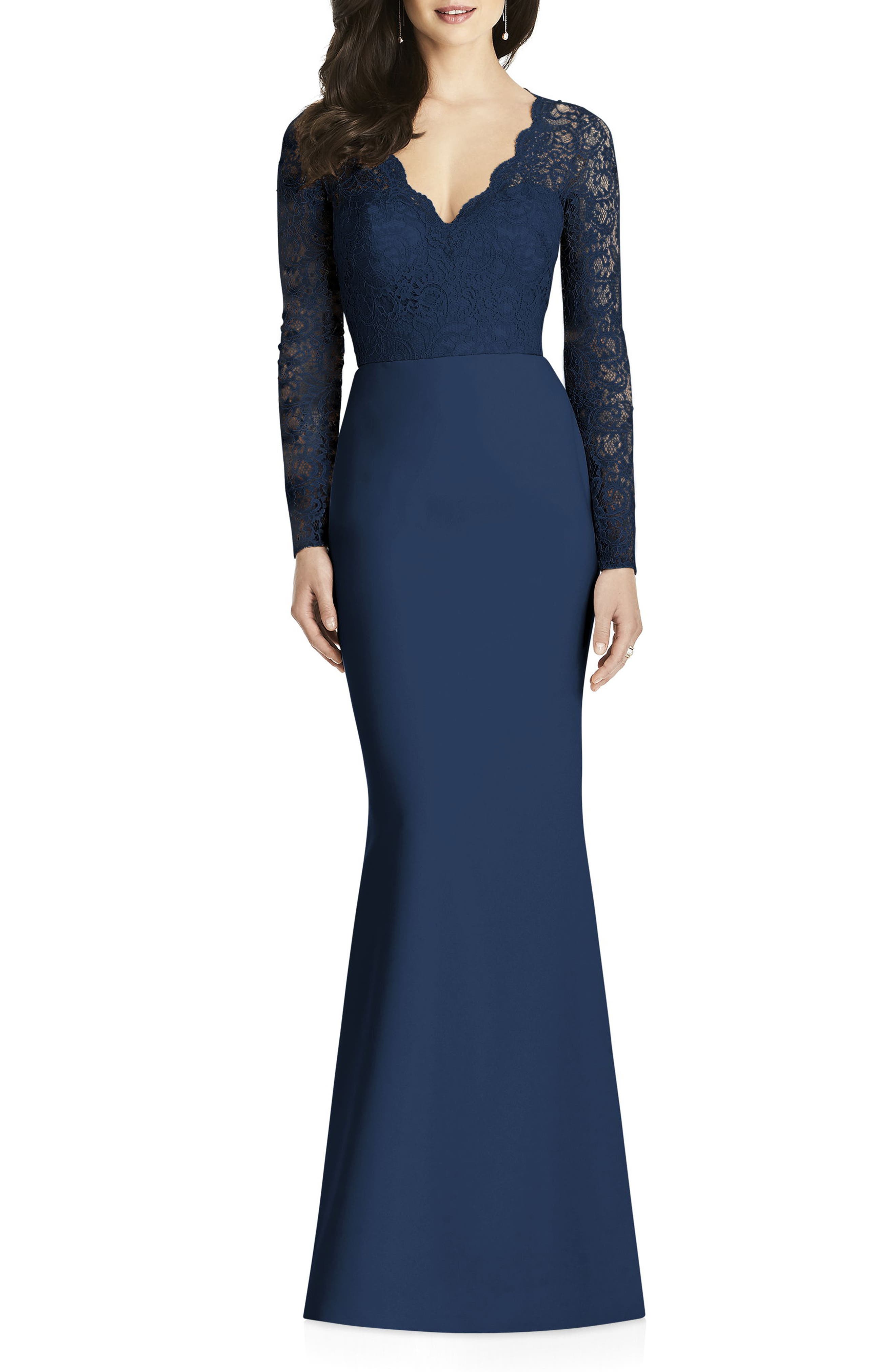 Dessy Collection Lace & Crepe Trumpet Gown, Blue