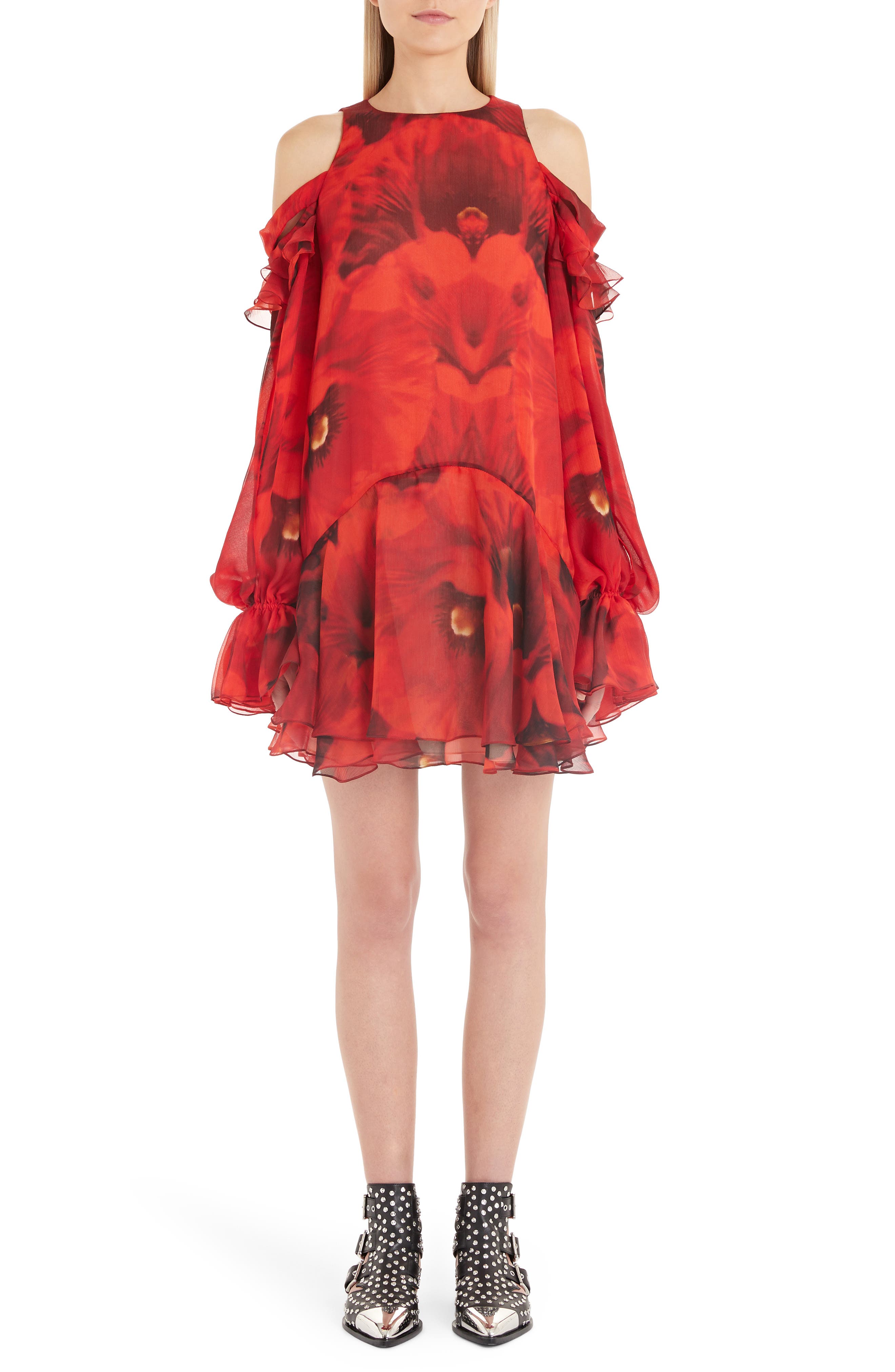 Alexander Mcqueen Poppy Print Cold Shoulder Silk Dress, US / 42 IT - Red