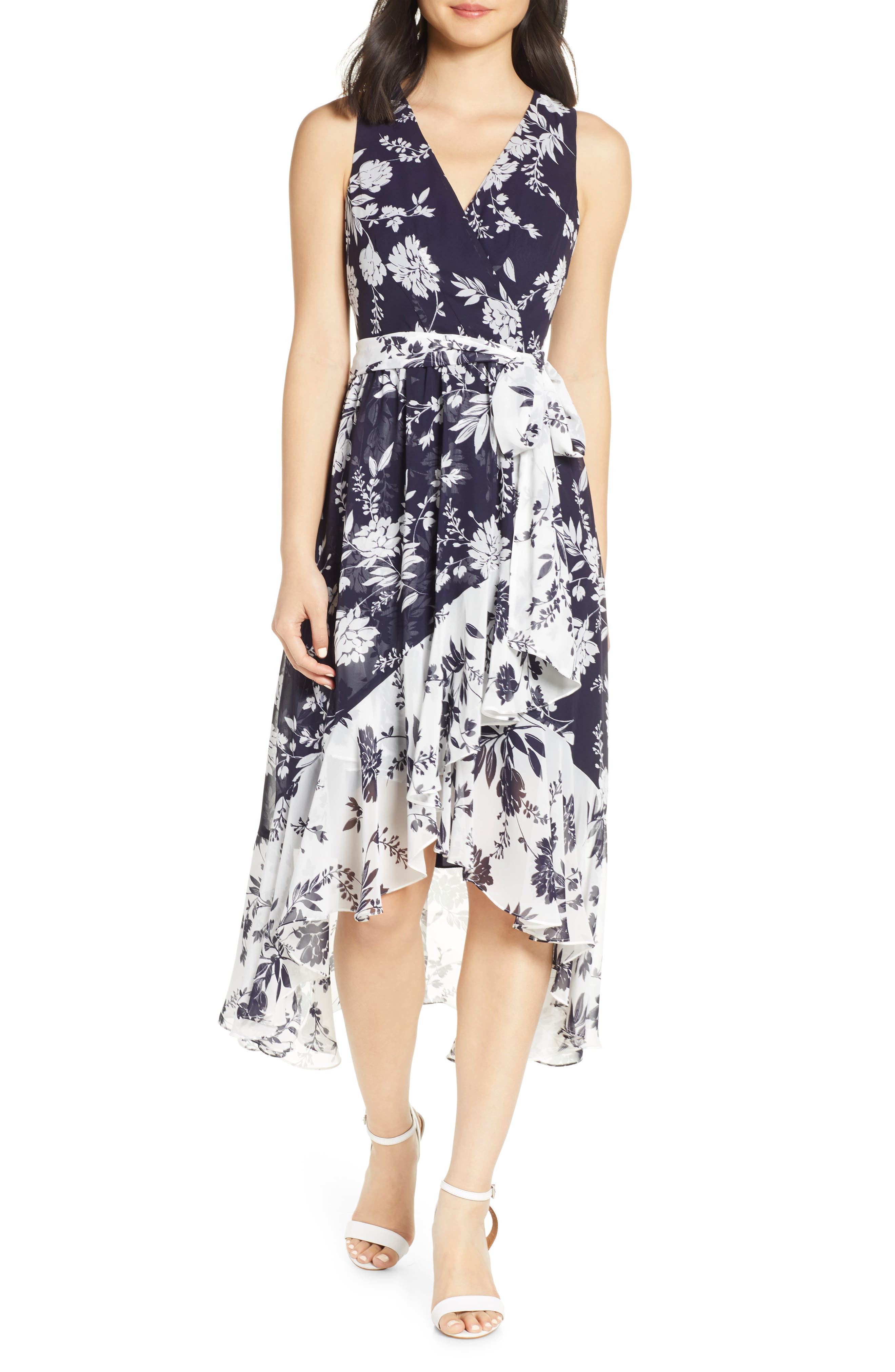 Eliza J Chiffon High/low Faux Wrap Dress, Blue