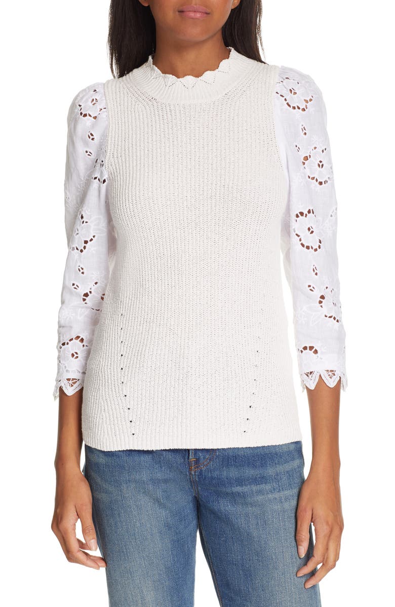 Rebecca Taylor MIX MEDIA EYELET SLEEVE COTTON SWEATER