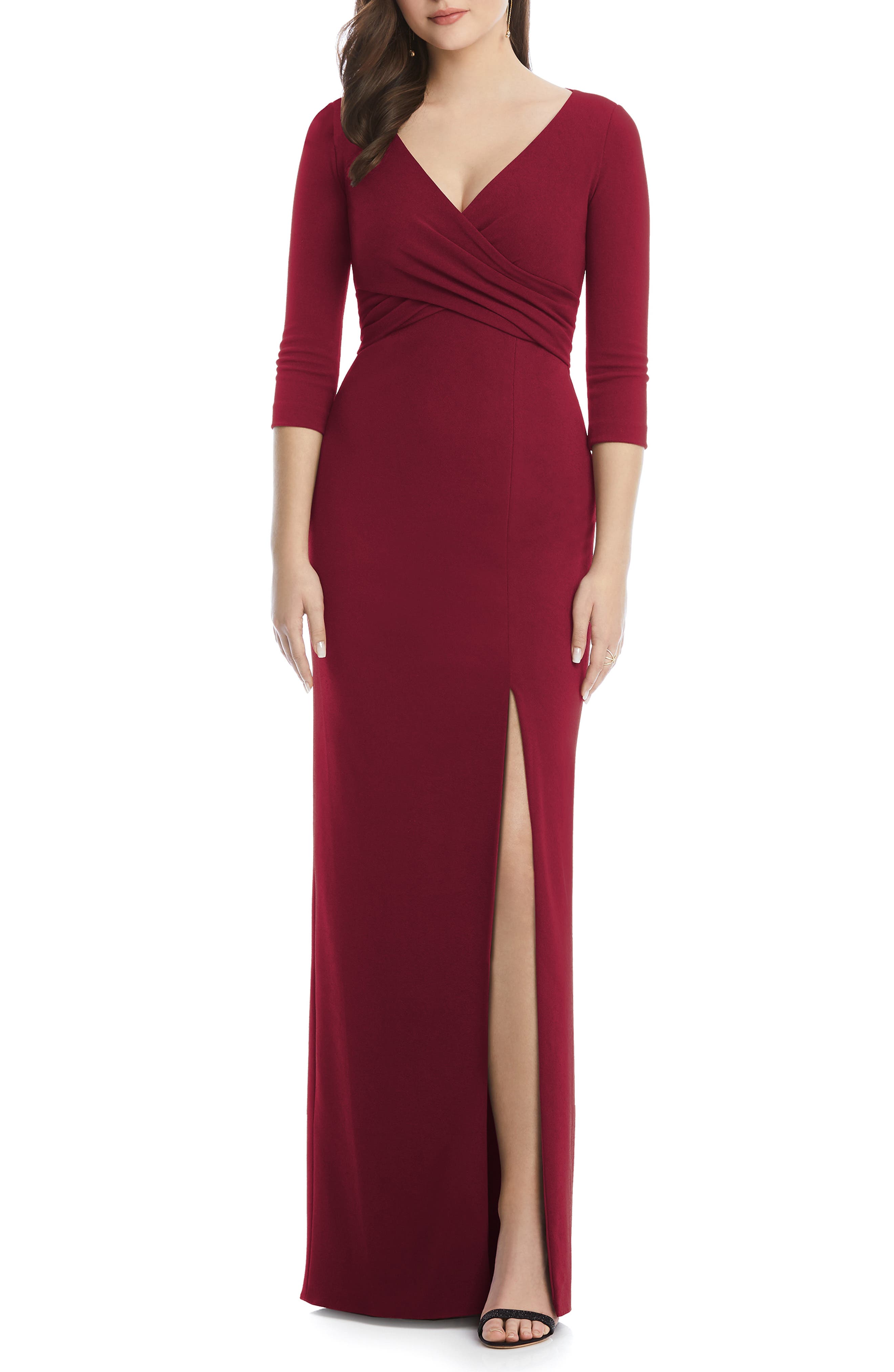 After Six Crisscross Stretch Crepe Evening Gown, Burgundy