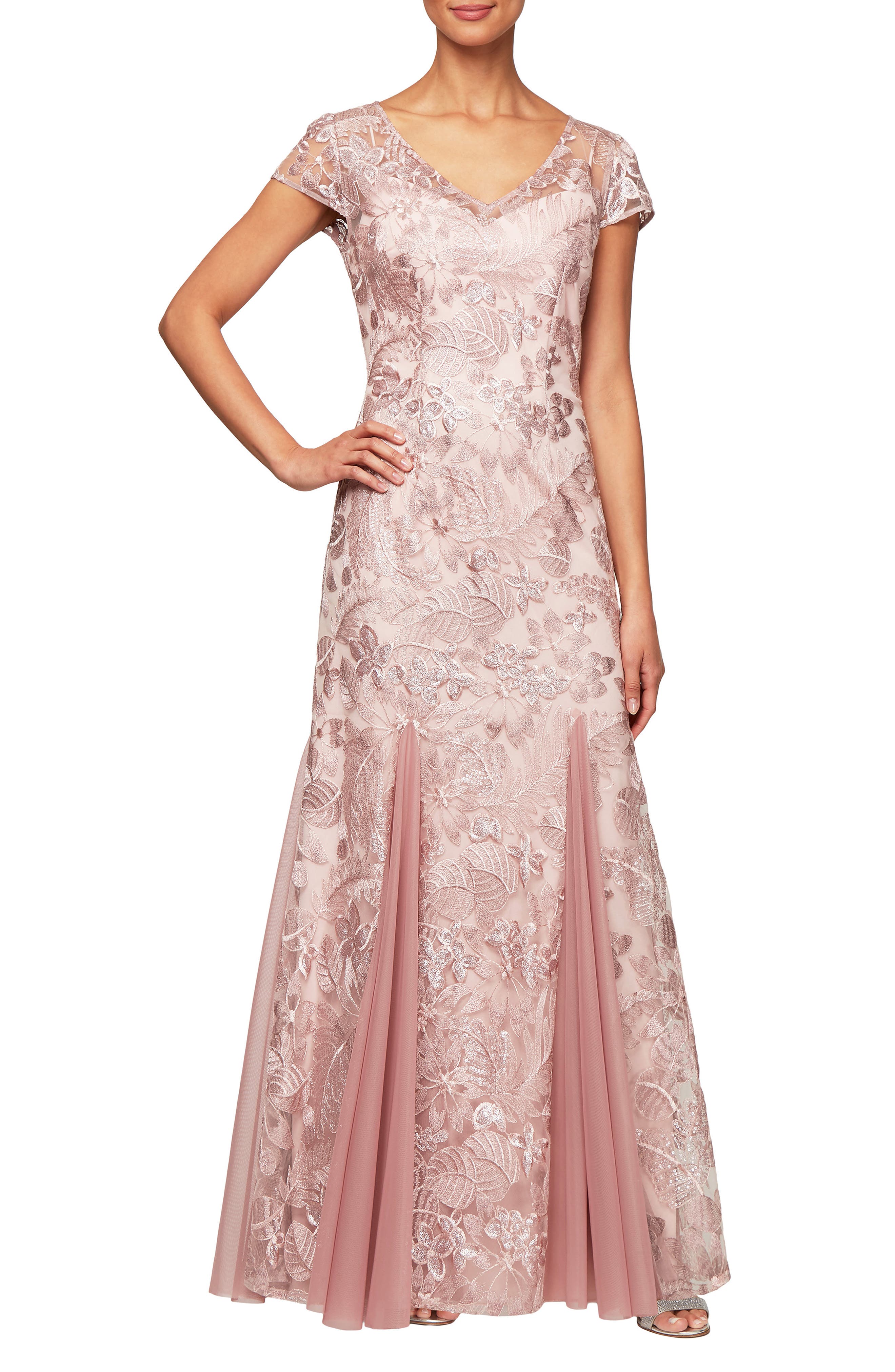 Petite Alex Evenings V-Neck Embroidered Evening Dress, Pink