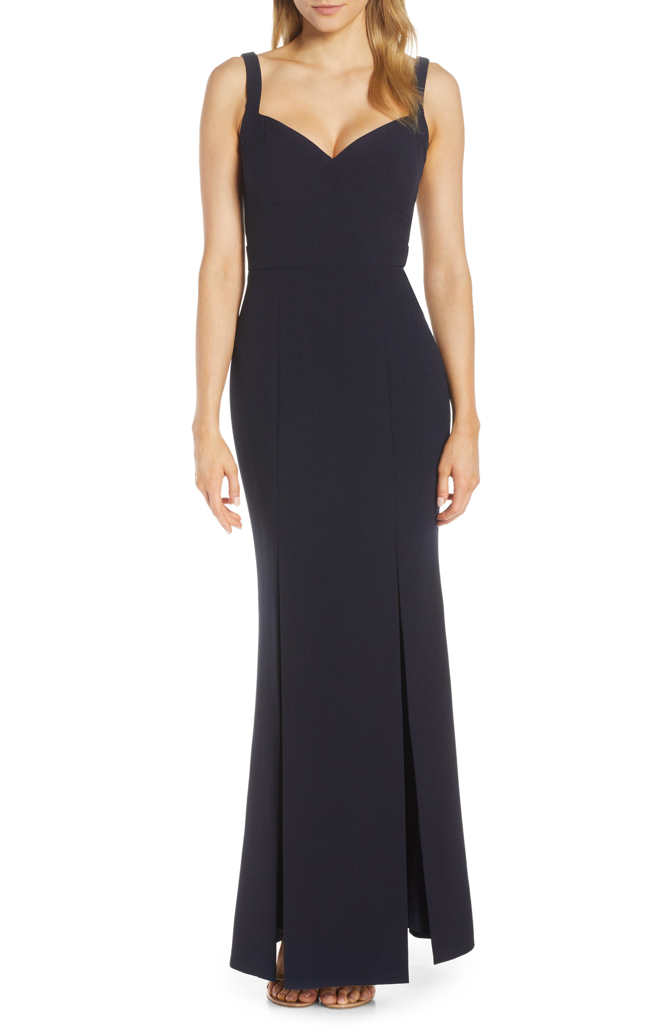 Eliza J Slit Flared Body-Con Crepe Gown, Blue