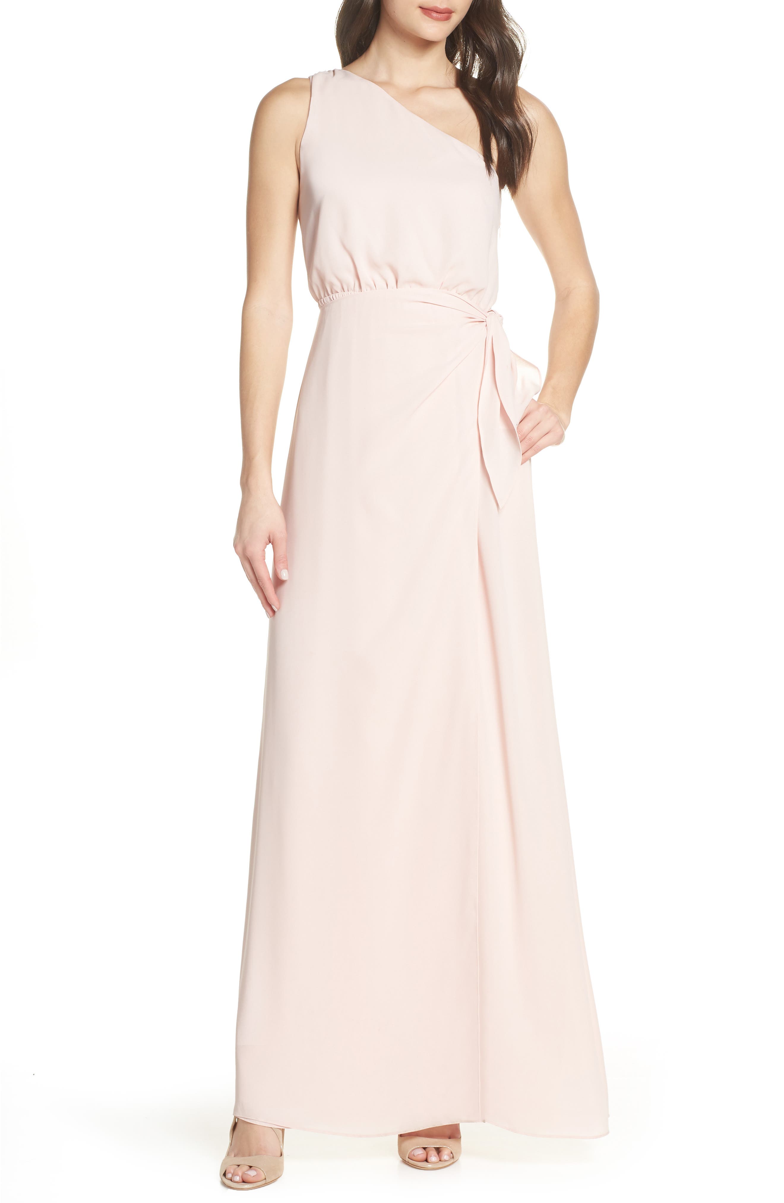 Wayf One-Shoulder Wrap Front Evening Dress, Pink