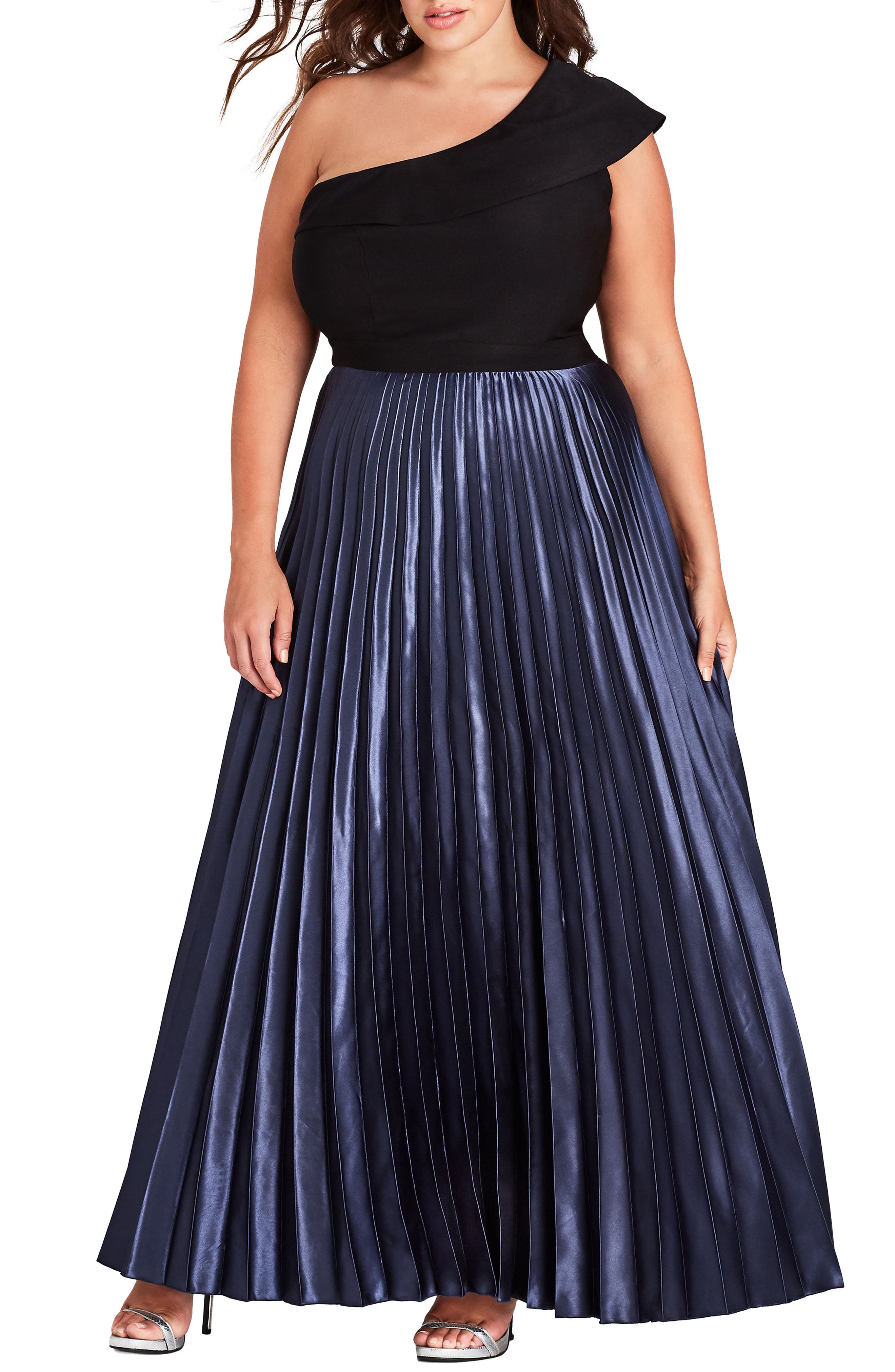 Plus Size City Chic Rosa One Shoulder Pleat Maxi Dress, Black