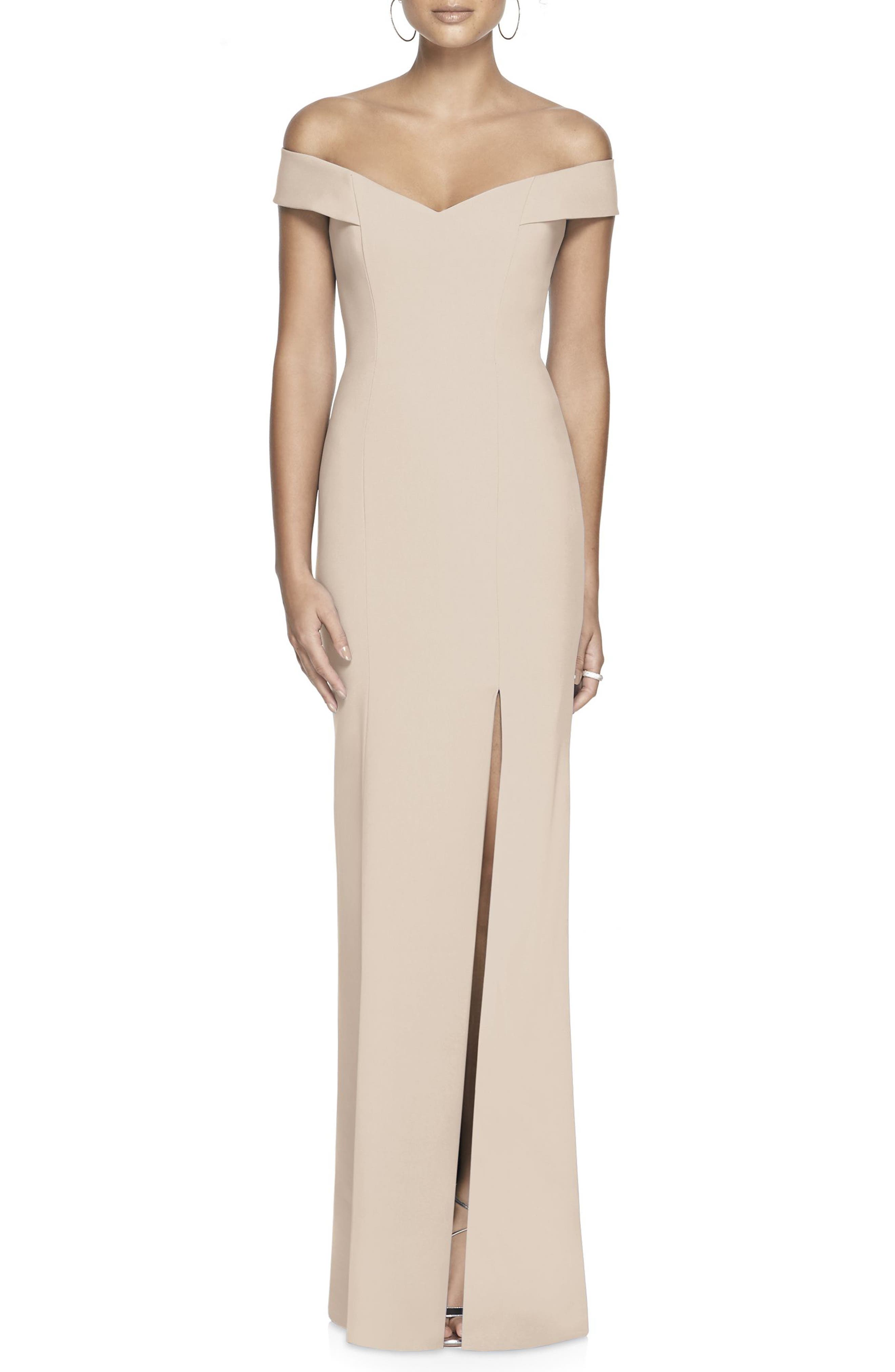 Dessy Collection Off The Shoulder Crossback Gown, Beige