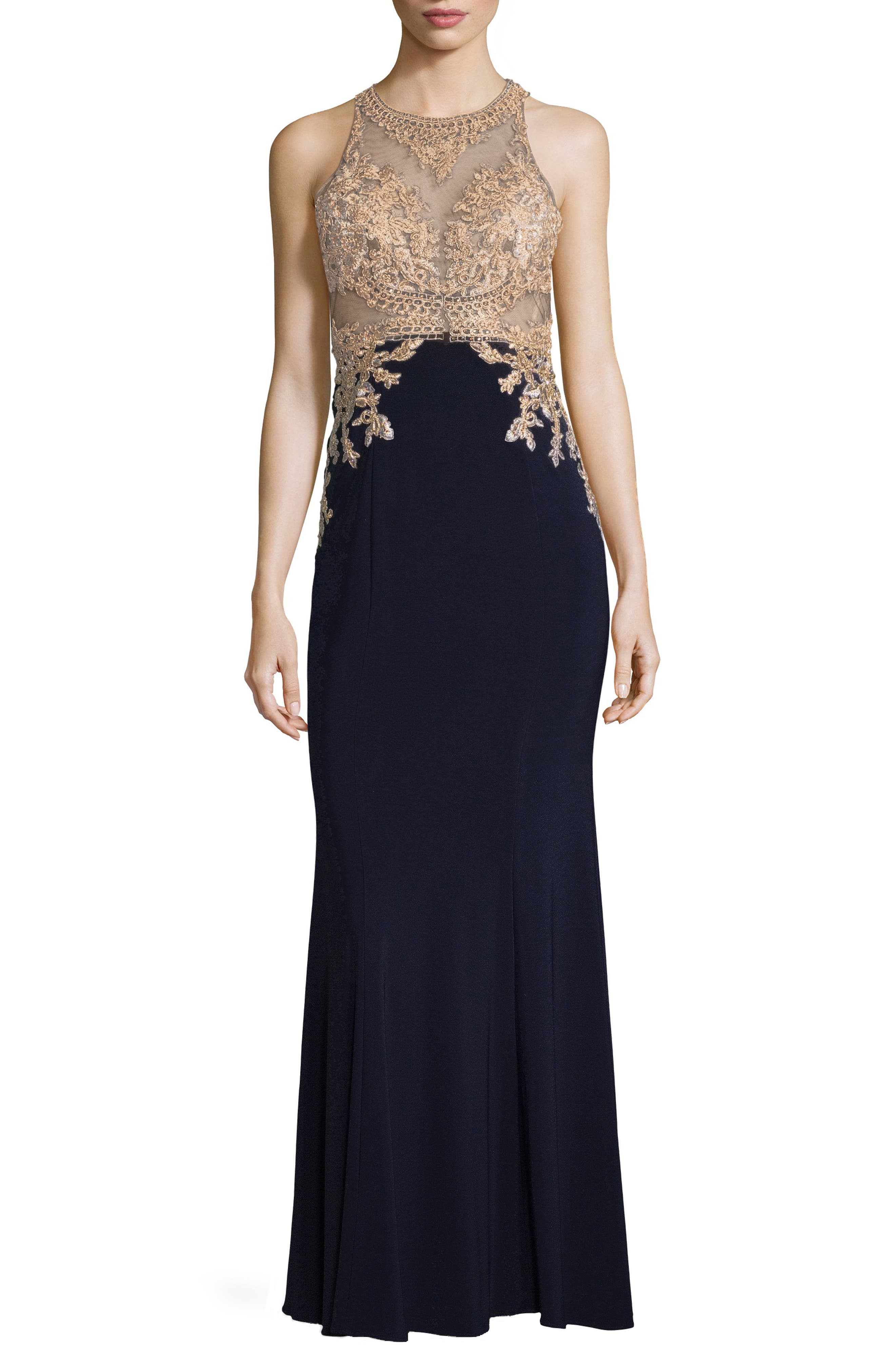 Xscape High Neck Embroidered Bodice Evening Dress, Blue