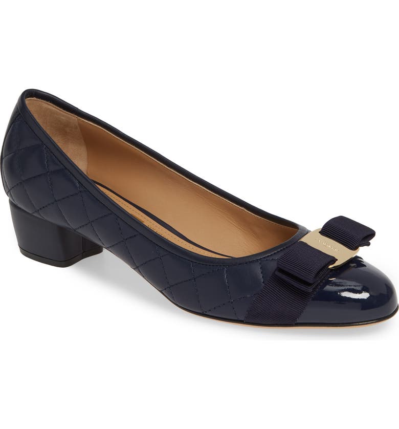 Click to view more detailed imagery on our partner's website Salvatore Ferragamo Women's Vara Quilted Leather Block Heel Pumps In Blue