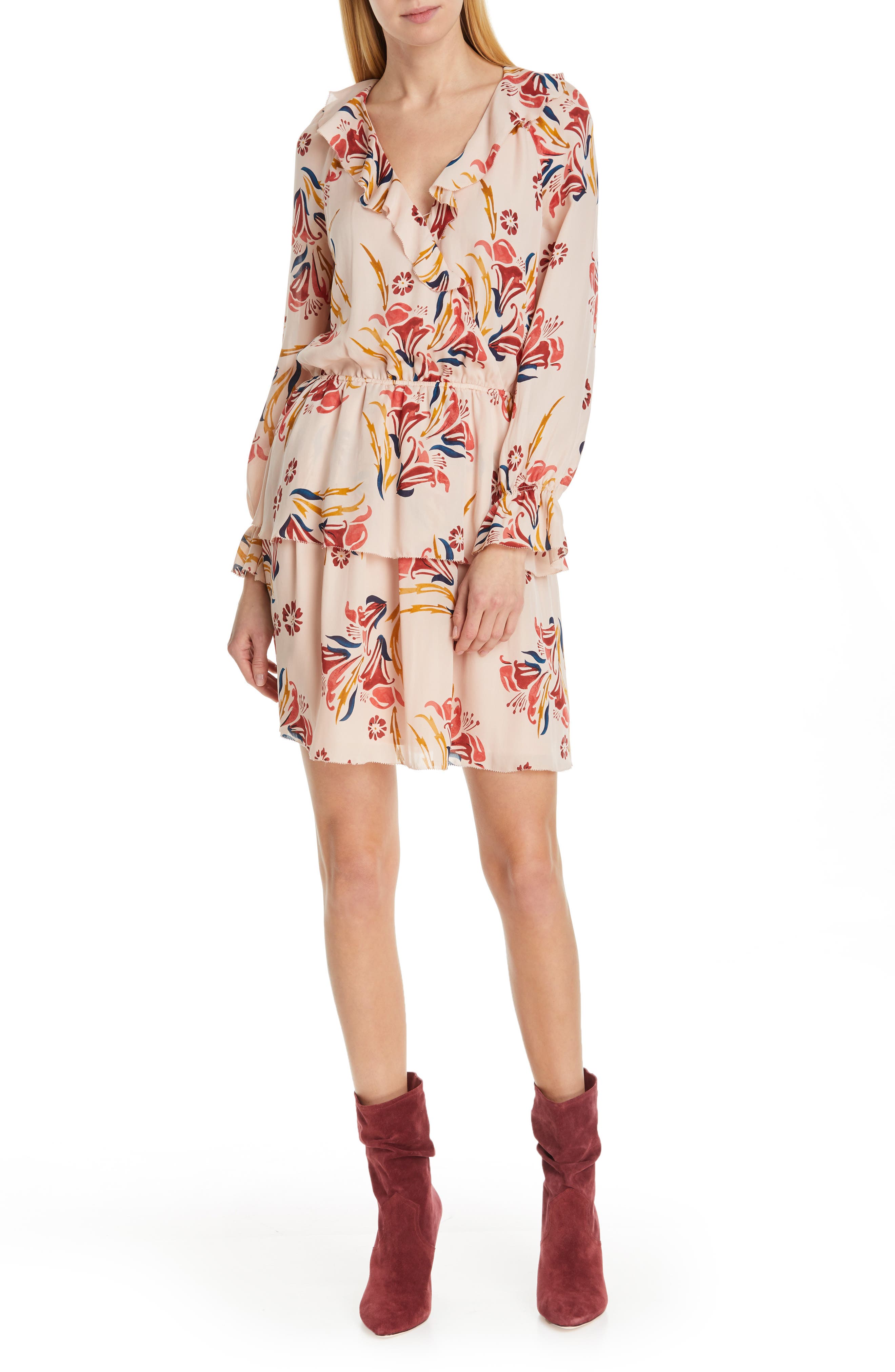 Joie Nour Ruffle Neck Silk Dress, Pink