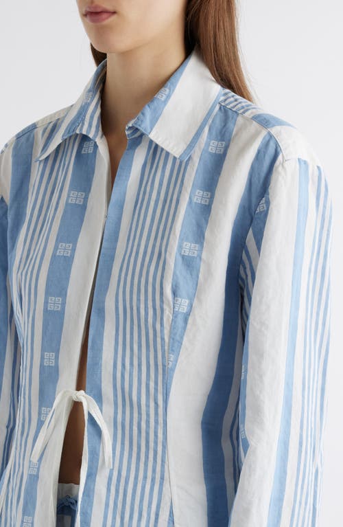 Shop Givenchy 4g Mixed Stripe Front Tie Cotton & Linen Tunic In Blue/off White