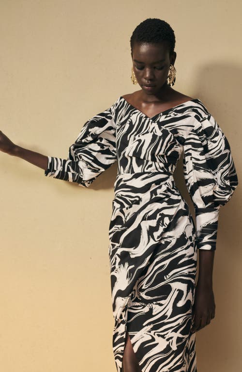 Shop Nordstrom X Harlem's Fashion Row Megan Renee Off The Shoulder Long Sleeve Dress In Black- Ivory Encaust Abstract