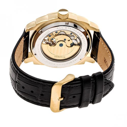 Shop Heritor Automatic Helmsley Semi-skeleton Leather-band Watch In Gold/black