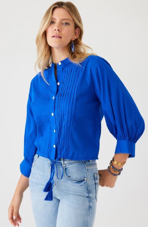 Shop Karen Kane Pintuck Pleat Cotton Button-up Shirt In Blue