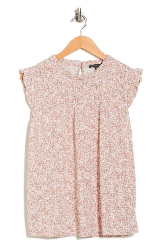 Adrianna Papell Printed Ruffle High Neck Top In Blush Rolling Leaves