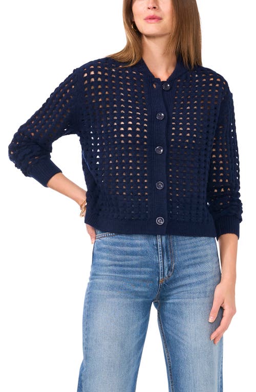 Shop Vince Camuto Pointelle Crewneck Cardigan In Classic Navy