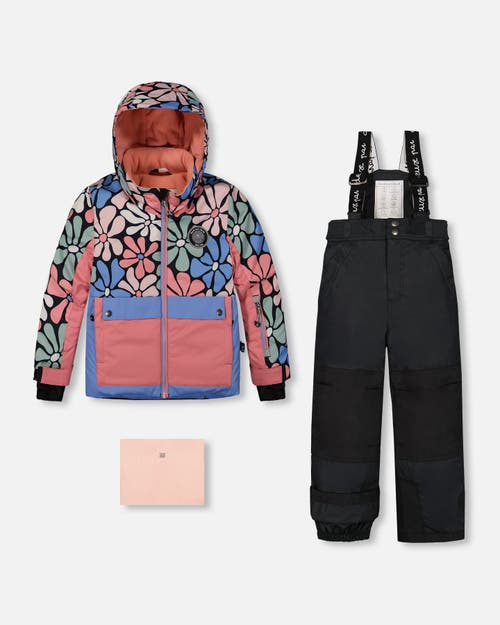 Shop Deux Par Deux Girl's Two Piece Snowsuit Printed Retro Flowers With Black In Anthracite