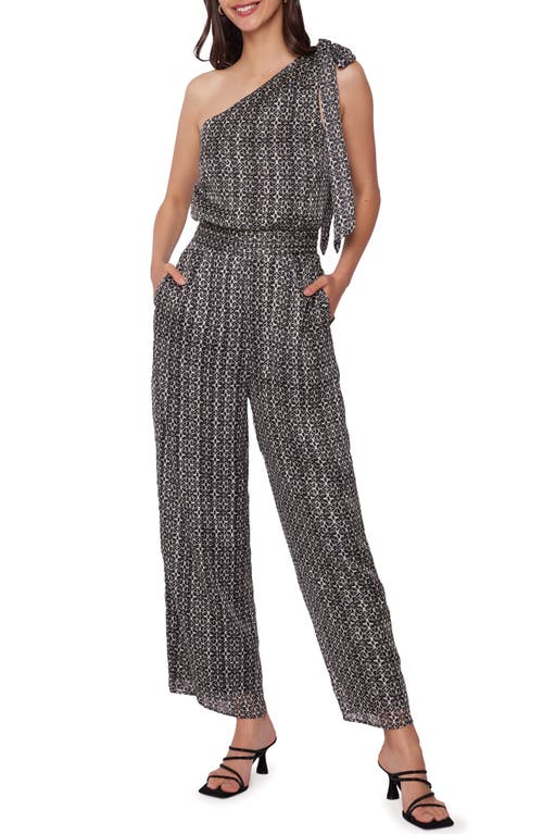 Mira Geo Print One-Shoulder Jumpsuit in Black-Ivory-Multi