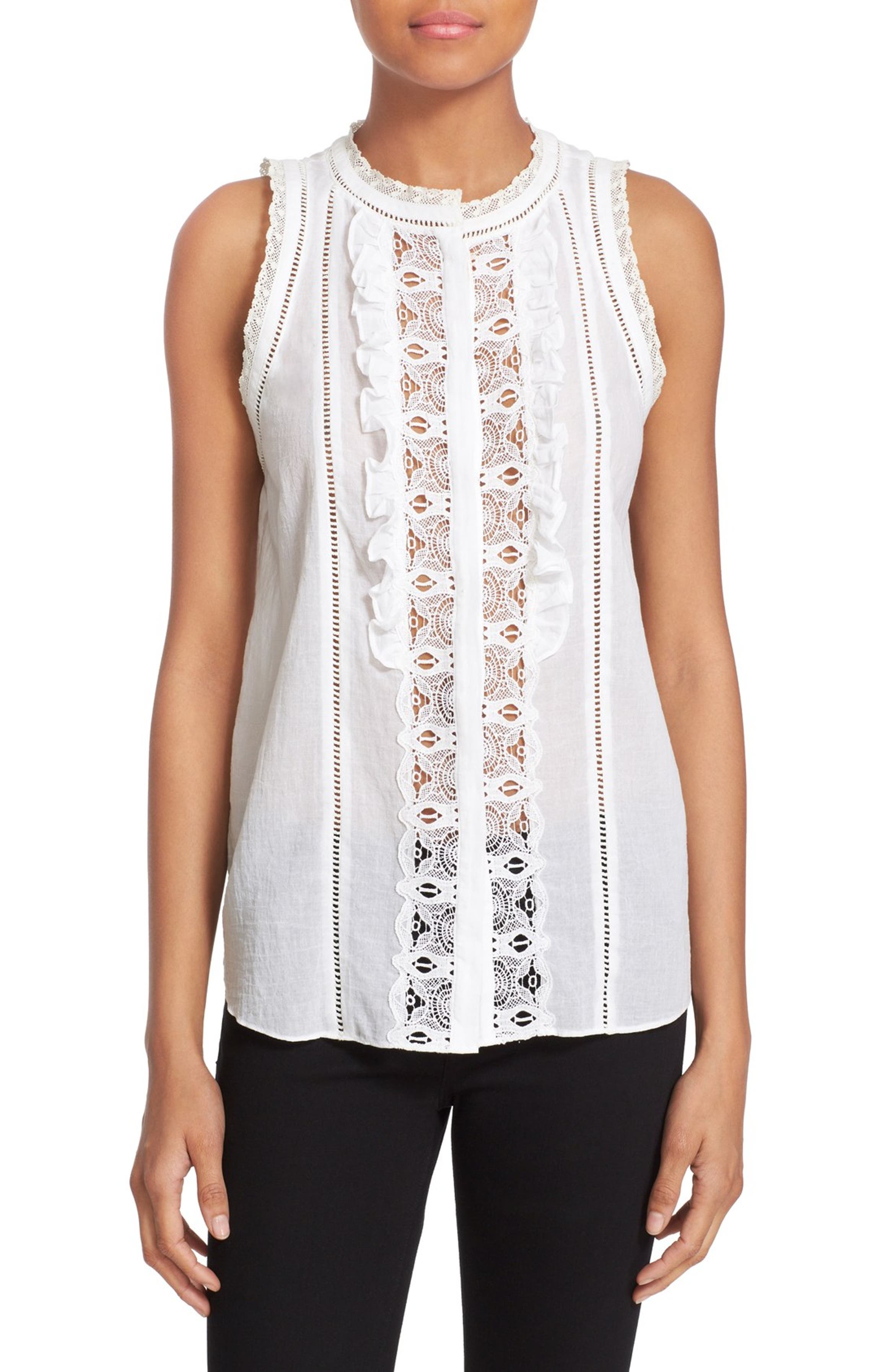 Rebecca Taylor Lace & Cotton Voile Sleeveless Top | Nordstrom