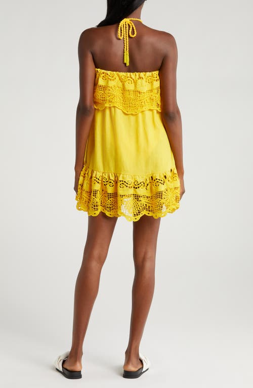 Shop Farm Rio Guipure Lace Halter Linen Blend Cover-up Minidress In Yellow