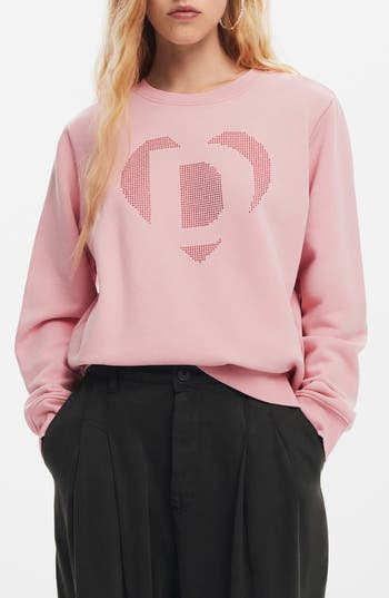 Desigual Strass Heart Embellished Cotton Graphic Sweatshirt In Red