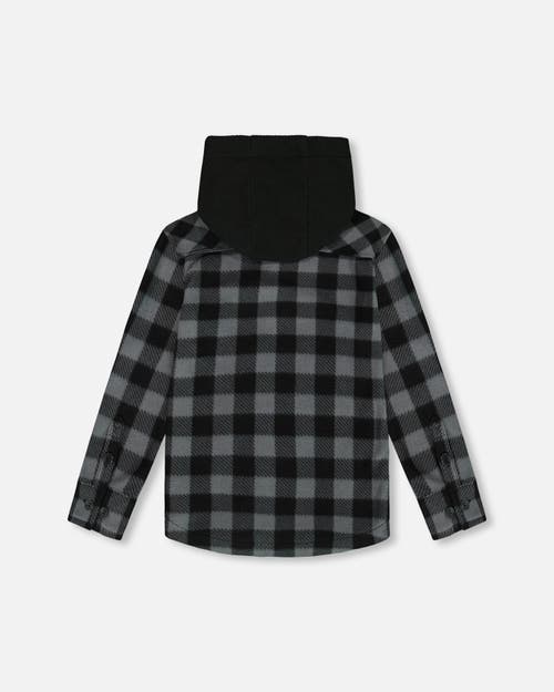 Shop Deux Par Deux Little Boy's Polar Fleece Shirt With Hood Black Plaid In Plaid Grey & Black