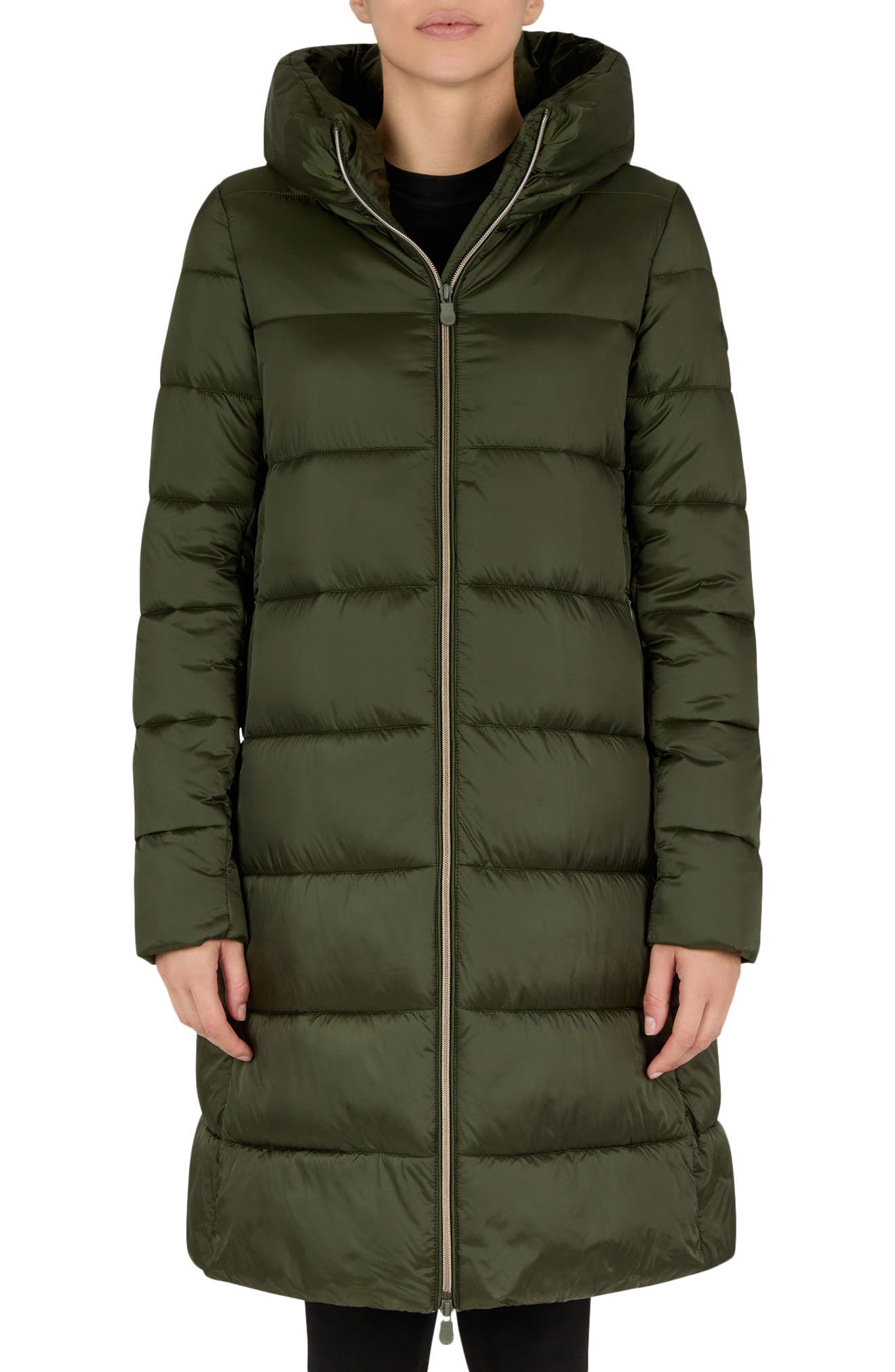 green long puffer coat