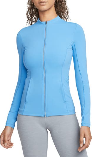 Nike Women Activewear Jacket Medium Blue DriFit Full Zip Fleece Line  Elastic Hem 