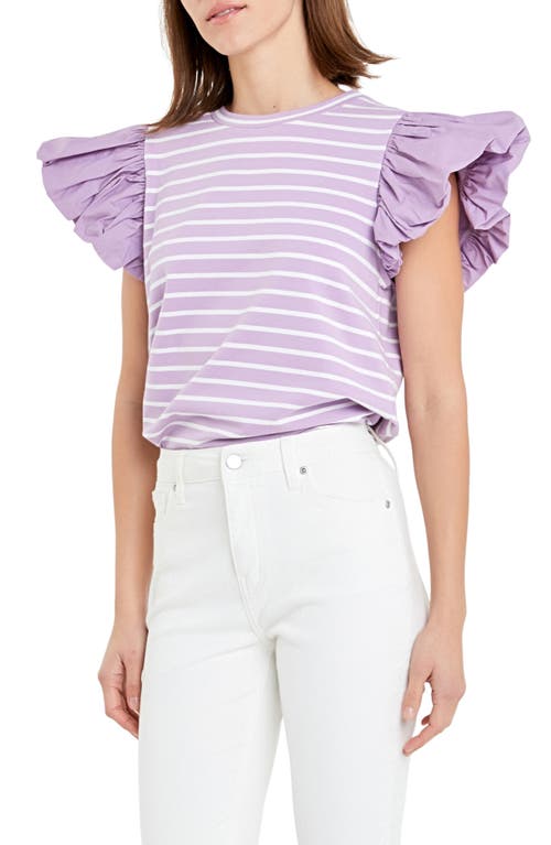 English Factory Mixed Media Stripe Ruffle Sleeve Top In Lilac/white