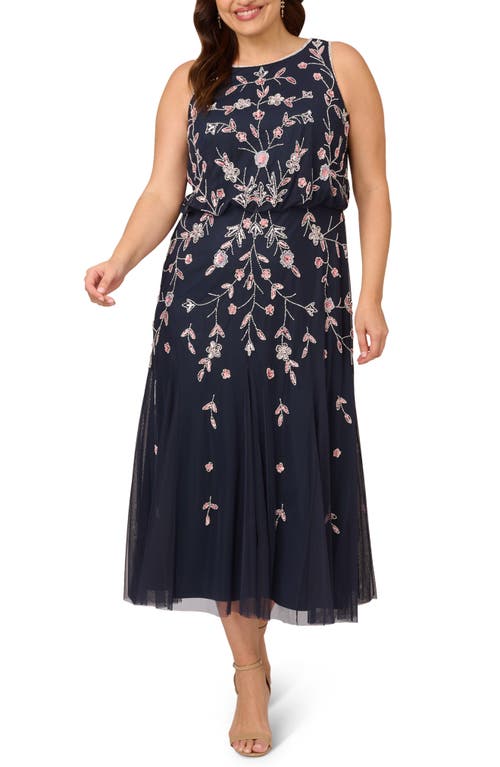 Adrianna Papell Floral Embellished Mesh Midi Gown In Navy/blush