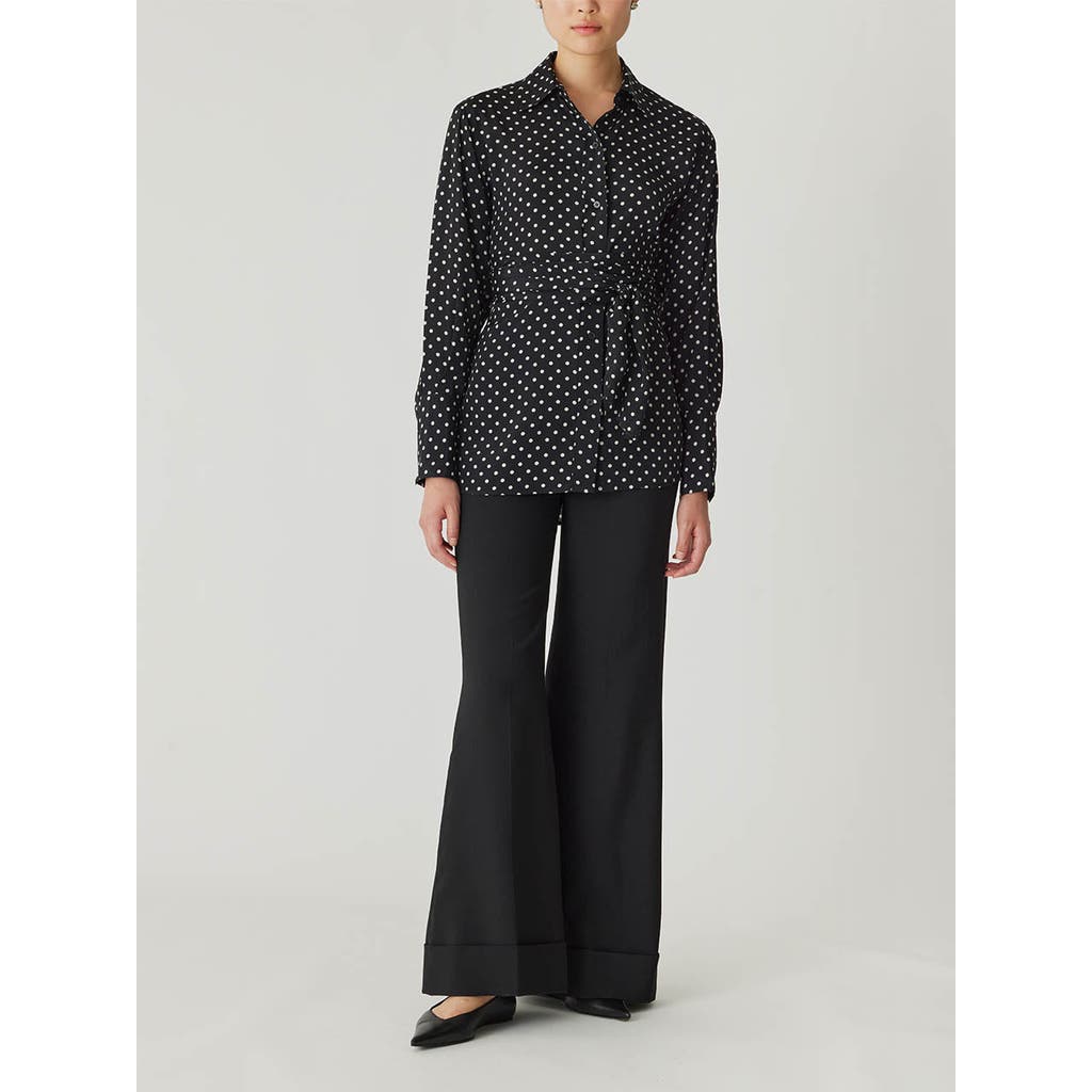 Rebecca Taylor Polka Dot Silky Wrap Shirt In Black Dot Combo