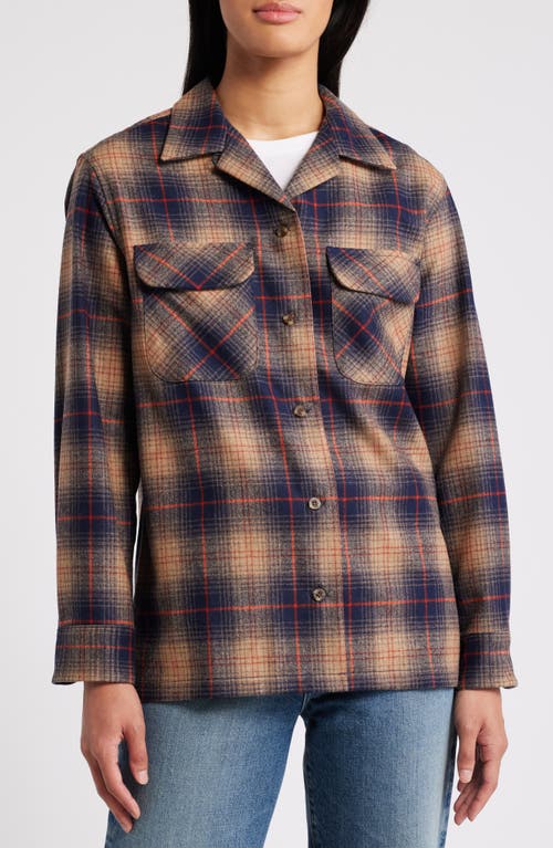 Pendleton Plaid Wool Overshirt In Brown/navy/red Plaid