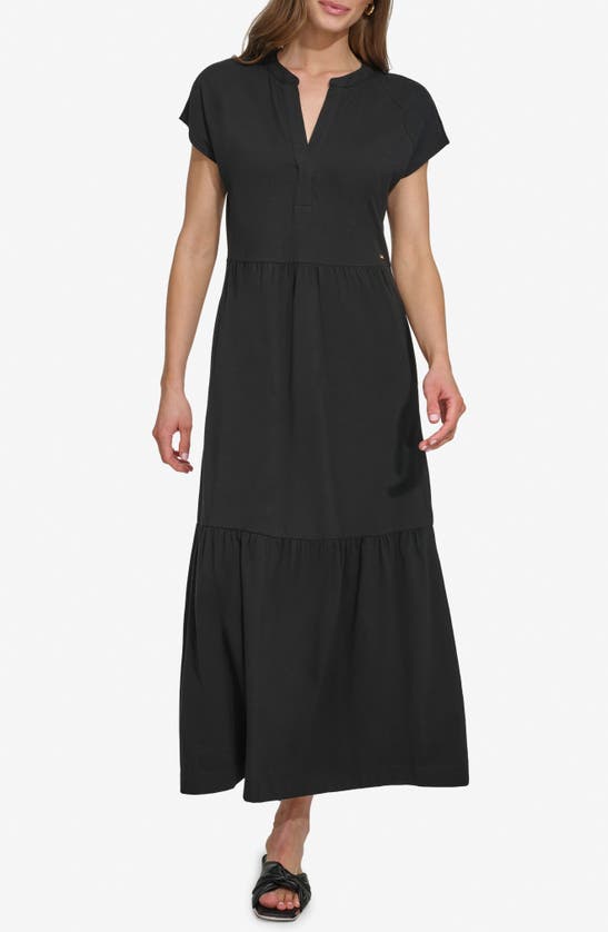 Dkny Tiered Stretch Cotton Maxi Dress In Black