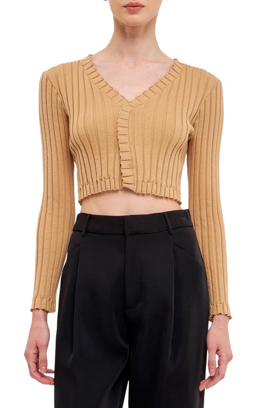 Endless Rose Crop Lettuce Edge Long Sleeve Top In Camel