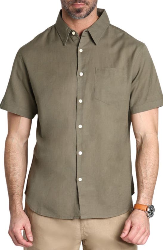 Shop Jachs Solid Short Sleeve Cotton & Linen Button-up Shirt In Army