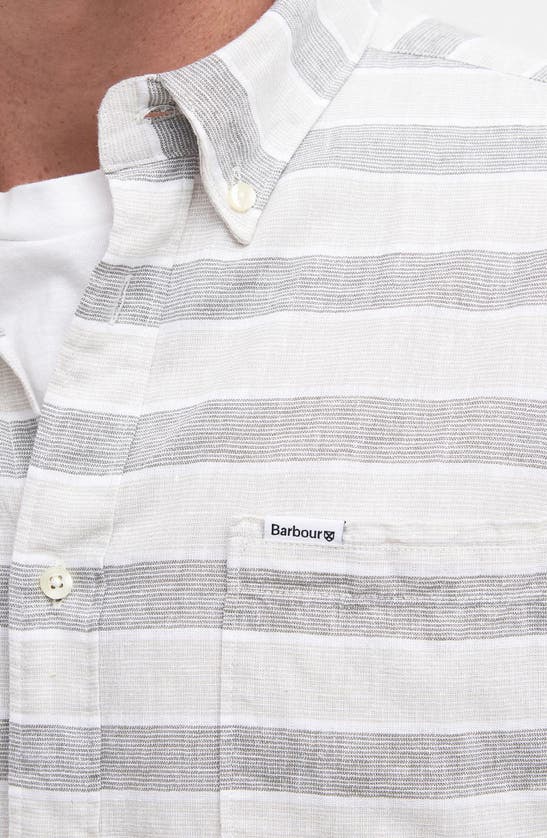 Shop Barbour Somerby Tailored Fit Stripe Short Sleeve Linen & Cotton Button-down Shirt In Olive