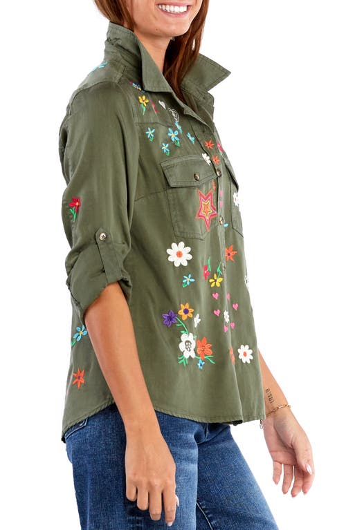 Billy T Sketchbook Embroidered Denim Shirt In Soft Olive