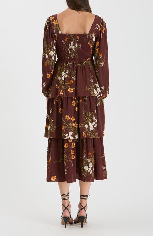 August Sky Floral Long Sleeve Tiered Midi Dress In Oxblood Multi