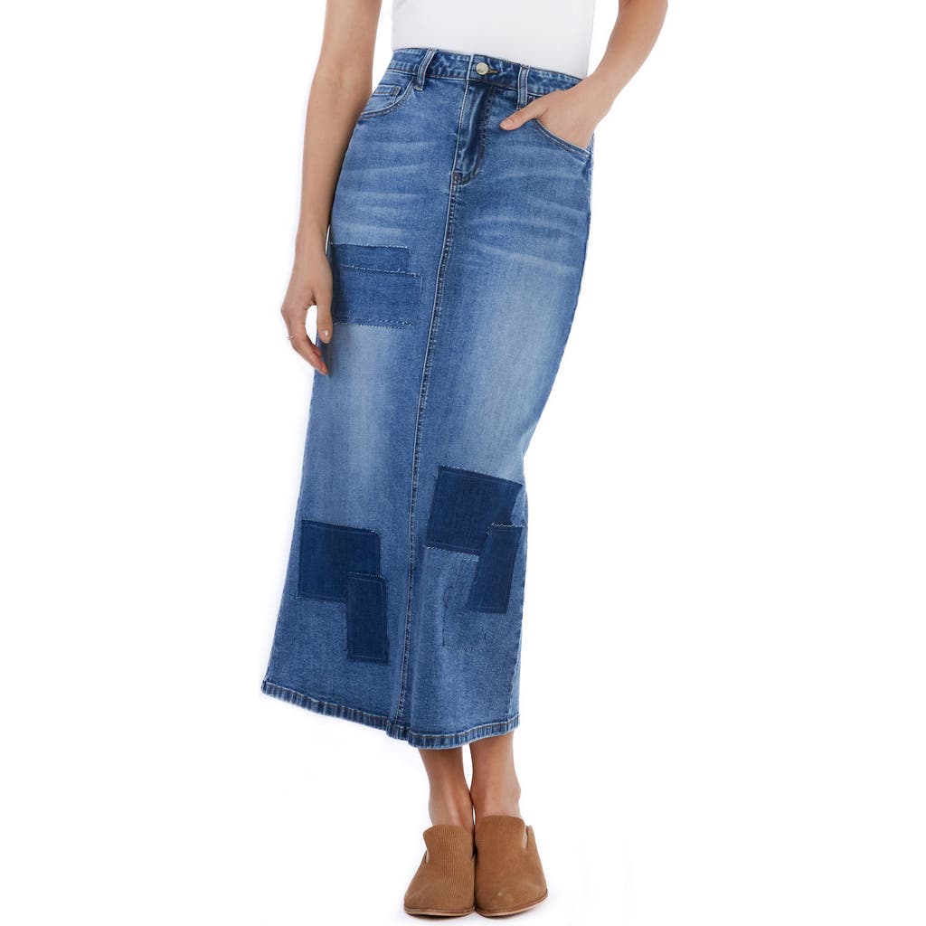 Wash Lab Denim Retro Patchwork Denim Midi Skirt In Patch Blue