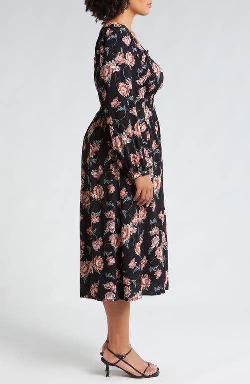 Shop Treasure & Bond Smocked Bodice Long Sleeve Dress In Black Wander Floral