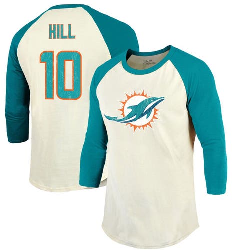 Majestic Threads Men's Majestic Threads Tyreek Hill Cream/Aqua Miami Dolphins Name & Number Raglan 3/4 Sleeve T-Shirt