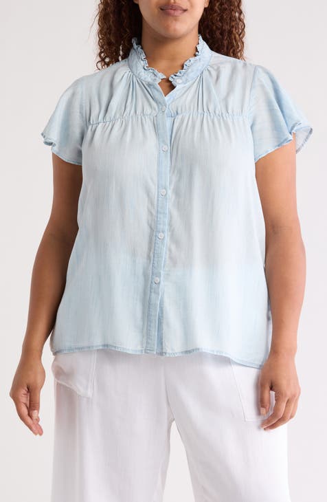 Ruffle Neck Tencel® Button-Up Shirt (Plus)