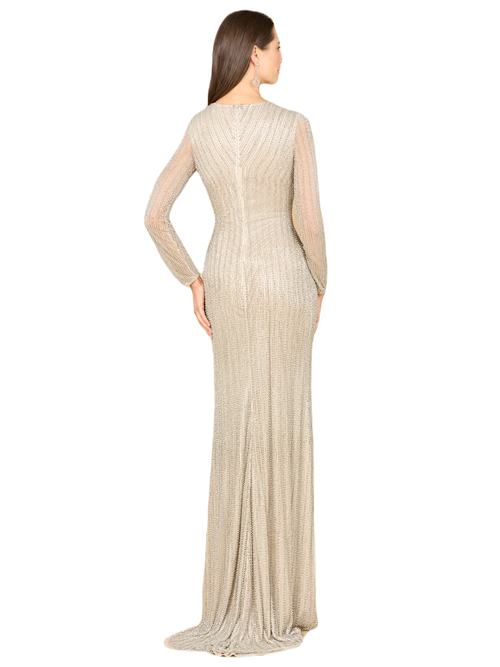 Lara New York Classic V-neck Beaded Long Sleeve Gown In Silver
