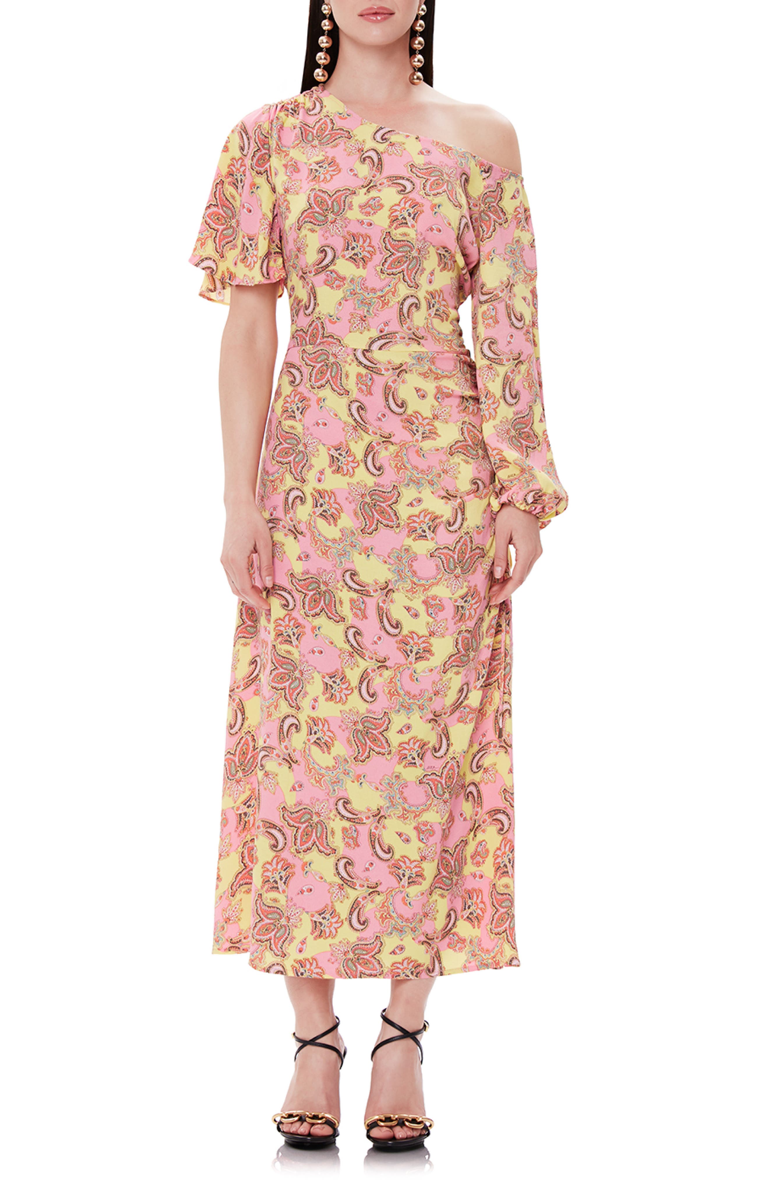 Afrm One-Shoulder Printed Midi Dress, Pink