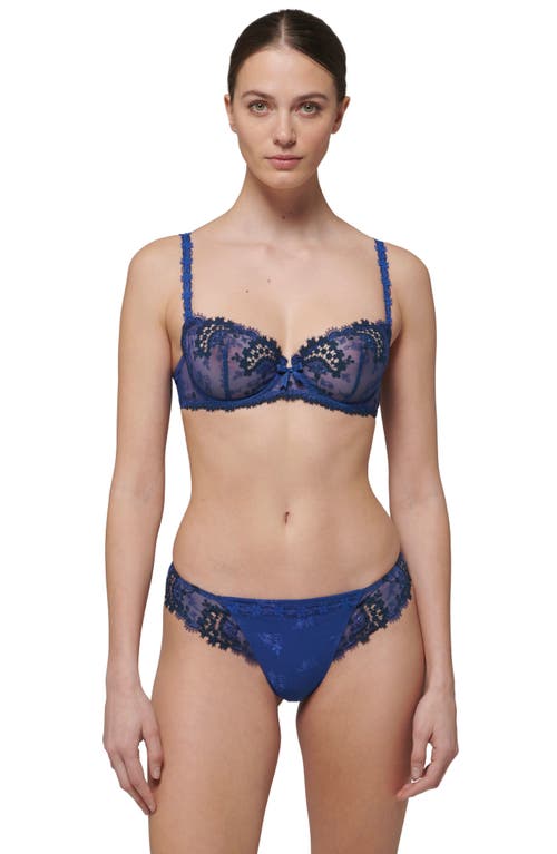 Shop Simone Perele 'wish' Embroidered Tanga Thong In Electric Blue