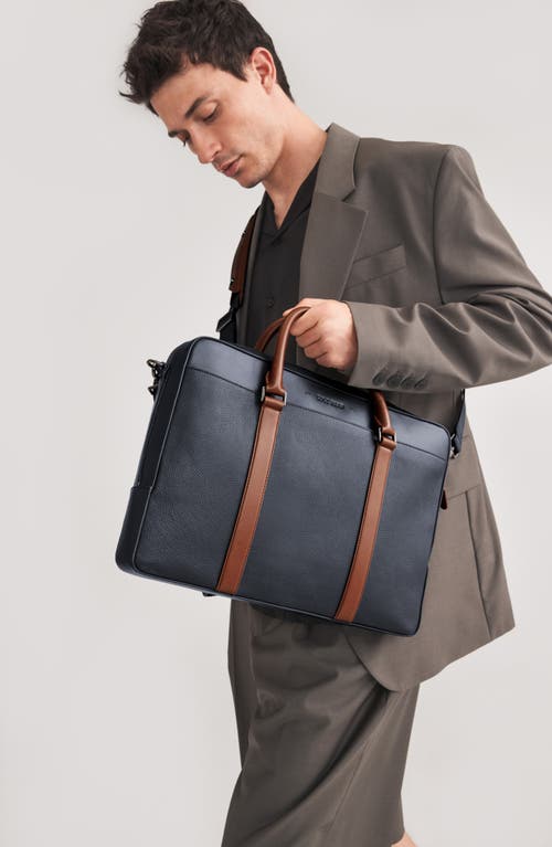 Cole Haan Triboro Leather Briefcase In Navy/new British Tan