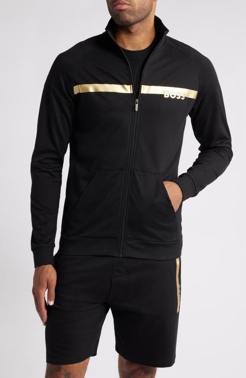 Hugo Boss Cotton-terry Zip-up Jacket With Metallic Logo In Black