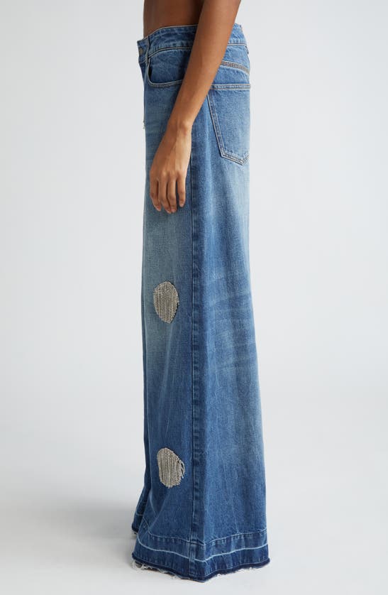 Shop Stella Mccartney Crystal Fringe Dot Release Hem Flare Jeans In Mid Blue Vintage