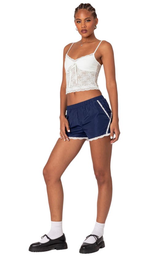 Shop Edikted Kallie Lace Trim Track Shorts In Navy